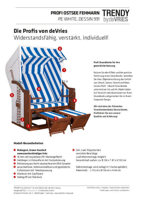 Strandkorb Trendy Modell Ostsee Fehmarn PVC weiss, Mahagoni, weiss blau, Dessin 991 - Strandkorb Prieß