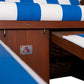 Strandkorb deVries Profi Ostsee Poel PVC weiss, Mahagoniholz, Dessin 991 blau weiss, Vermieter-Strandkorb - Strandkorb Prieß