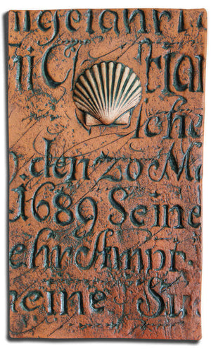 1504 Muschel mit Schriften - Großfliese - Strandkorb Prieß