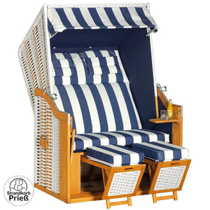 Strandkorb SunnySmart Rustikal 34 Z, Pinienholz teakfarben gebürstet PVC-Geflecht weiß, Dessin 1080 - Strandkorb Prieß